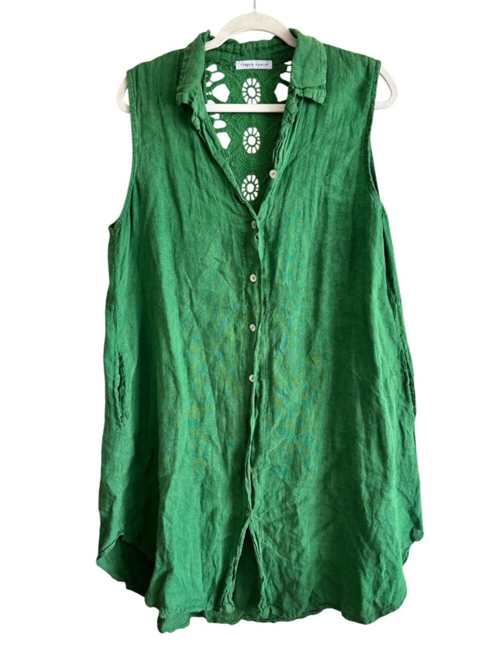 Tempo Paris Green Sleeveless Button Down Linen Tunic Crochet Back Detail L